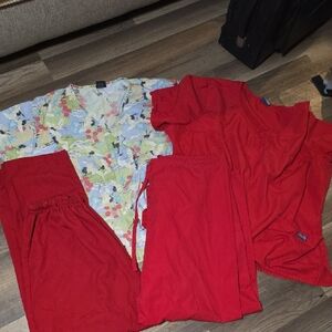 Red and Patterned Scrub Set